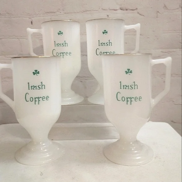 4 Vintage Irish Coffee Footed Milk Glass Mugs - Picture 1 of 7